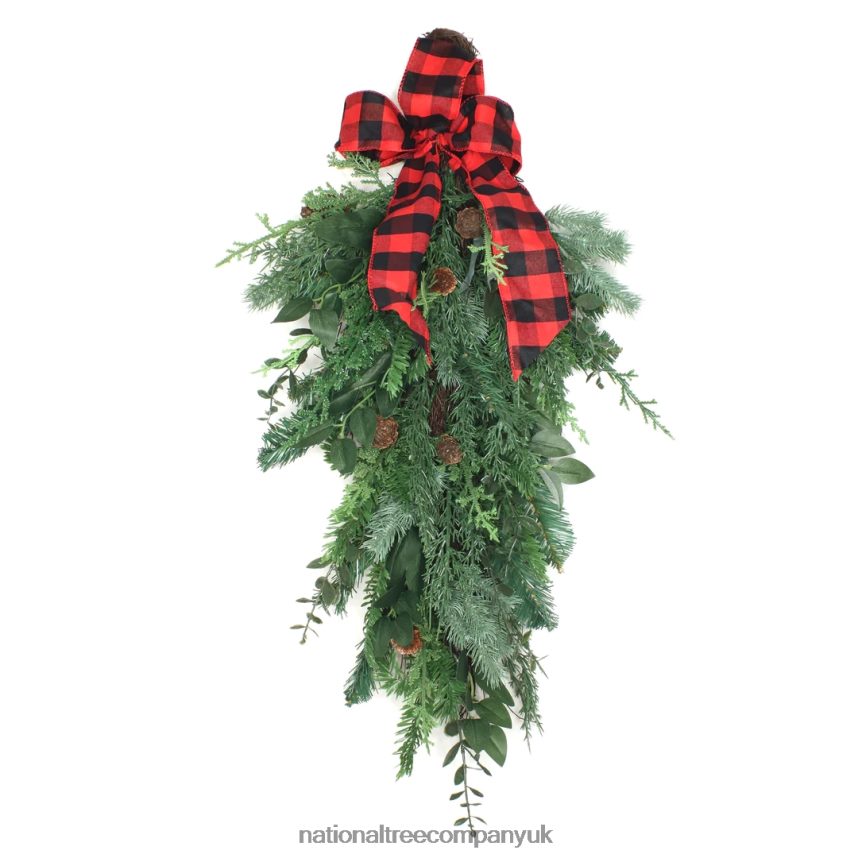 Greenery | National Tree Company Mixed Pine Christmas Teardrop with Plaid Bow Pinecones 30 in F2L4F487